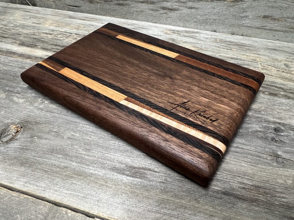 Chef Petite Cutting Board - Walnut with (cream and browns) Mosaic and Black Inlay Stripes